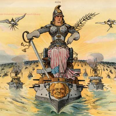 Puck Cartoon - Lady Liberty on a boat 